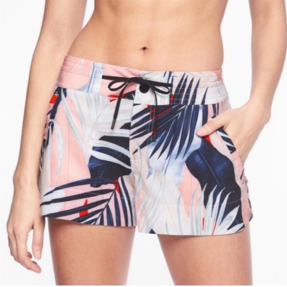 Athleta Hudson Board Shorts Navy Pink Tropical
Palm Leaves Print Beach-8